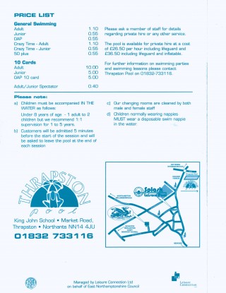 Thrapston Swimming Pool Brochure ( back cover) Thrapston Swimming Pool Brochure (back cover)