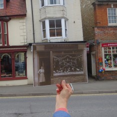Market Place, Thrapston A photograph of Barber's shop c1930 against the modern view